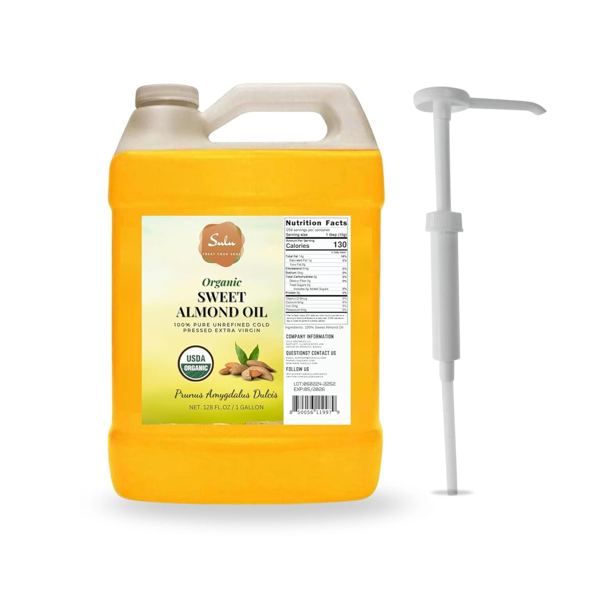 Certified Organic Unrefined Cold Pressed Sweet Almond Oil- 1 Gallon
