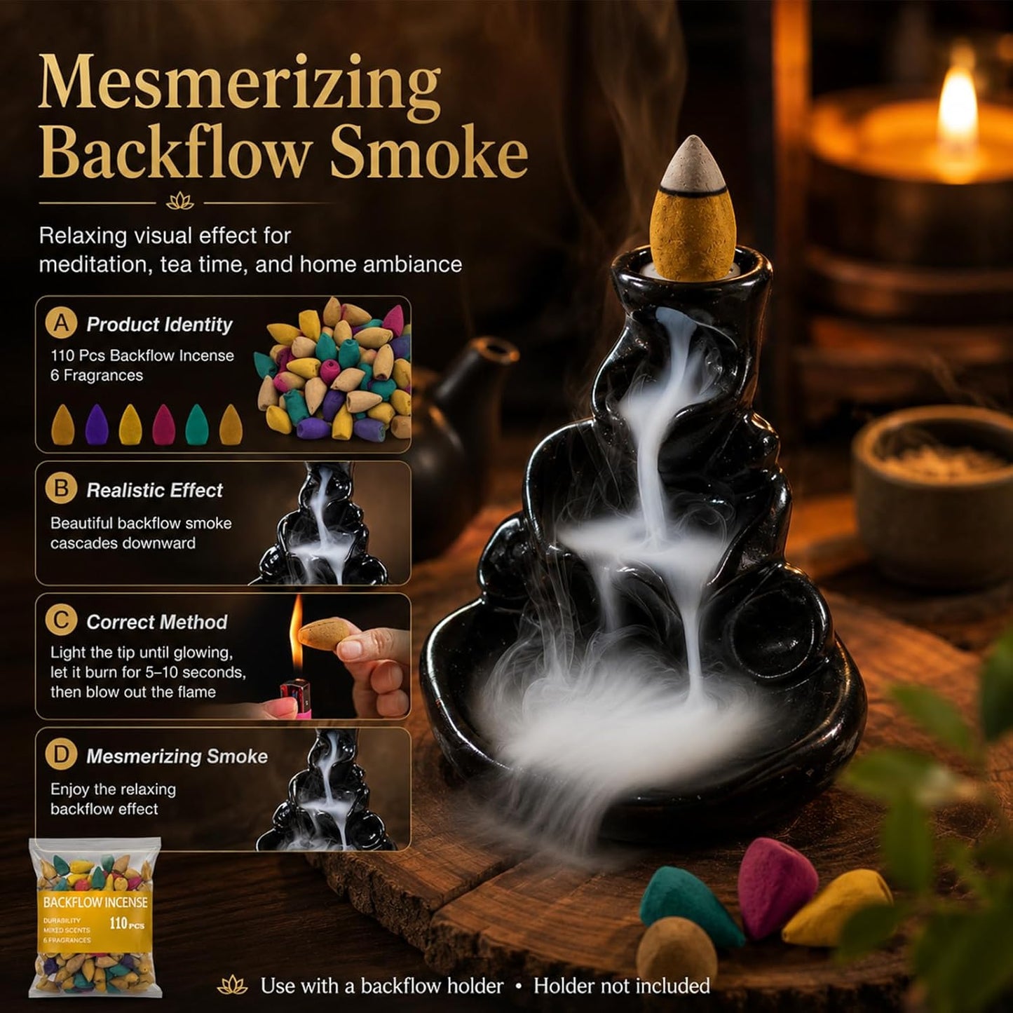110Pcs Backflow Incense Cones for Waterfall 6 Different Mixed Natural Incense Waterfall Cones