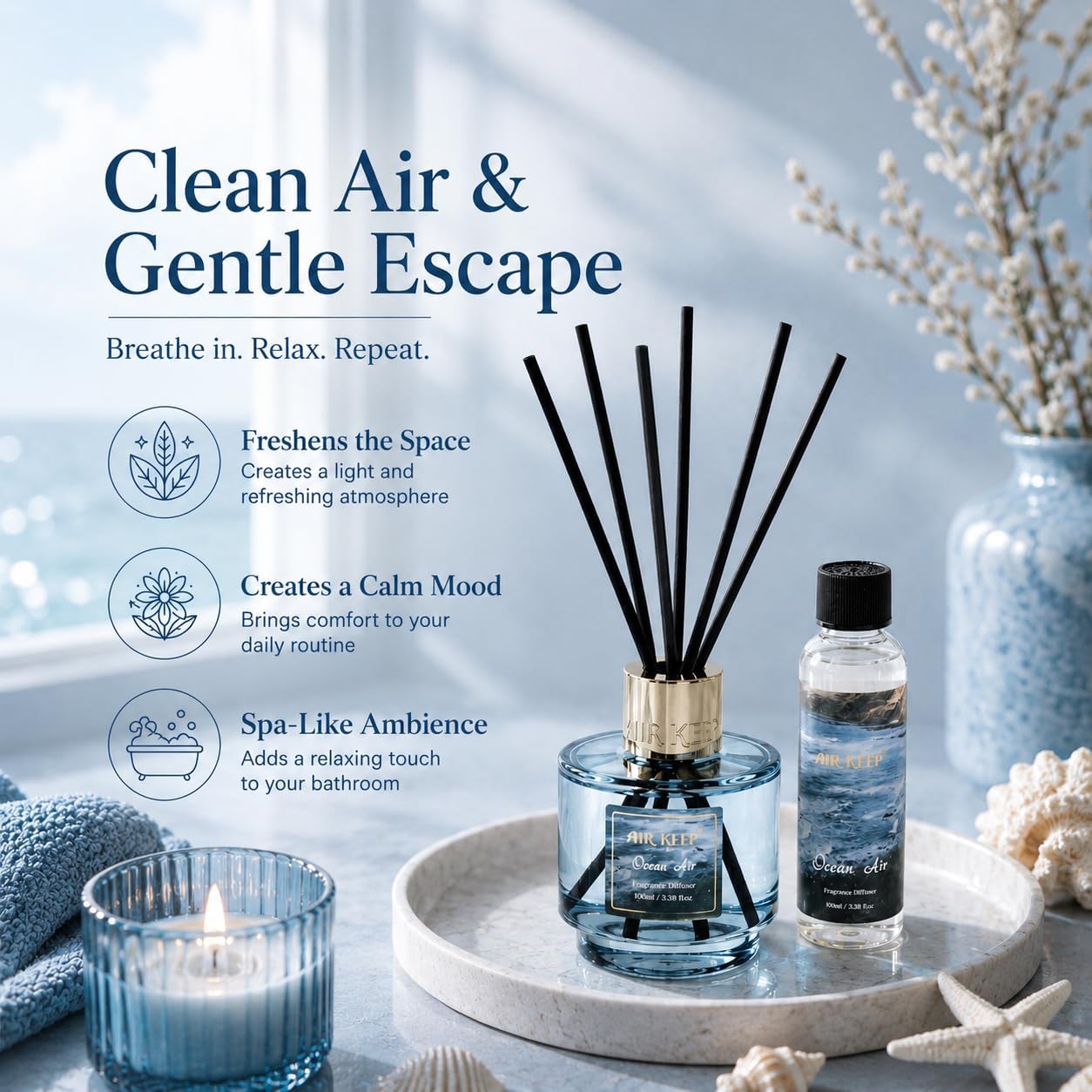 Airkeep Reed Diffuser Set with Refill & 8 Reed Sticks, 6.96 fl oz Ocean Air Home Fragrance, Long Lasting Aromatherapy Diffuser for Bedroom, Bathroom & Living Room