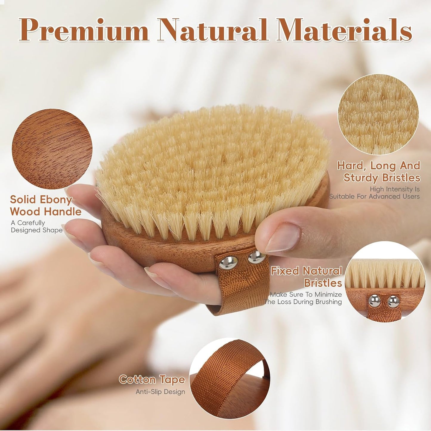 DEBETOOL Dry Brushing Body Brush - Natural Boar Bristle Dry Body Brush for Lymphatic Drainage, Cellulite, Blood（Medium Hardness）