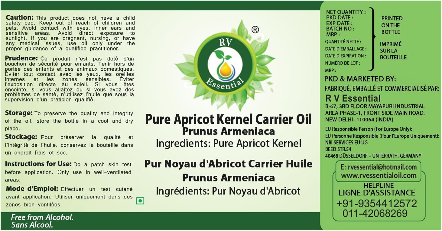 R V Essential Pure Apricot kernel Carrier Oil 5ml (0.169oz)- Prunus Armeniaca (100% Pure and Natural Cold Pressed)