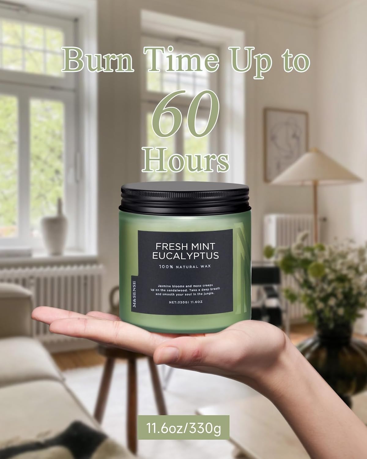 M&SENSE Eucalyptus & Mint Home Scented Candles, 11.6oz Organic Non Toxic Soy Candle, 70-Hour Long Burning, Aromatherapy Gifts for Stress Relief Relaxation Meditation, Natural Smelling for Men Women