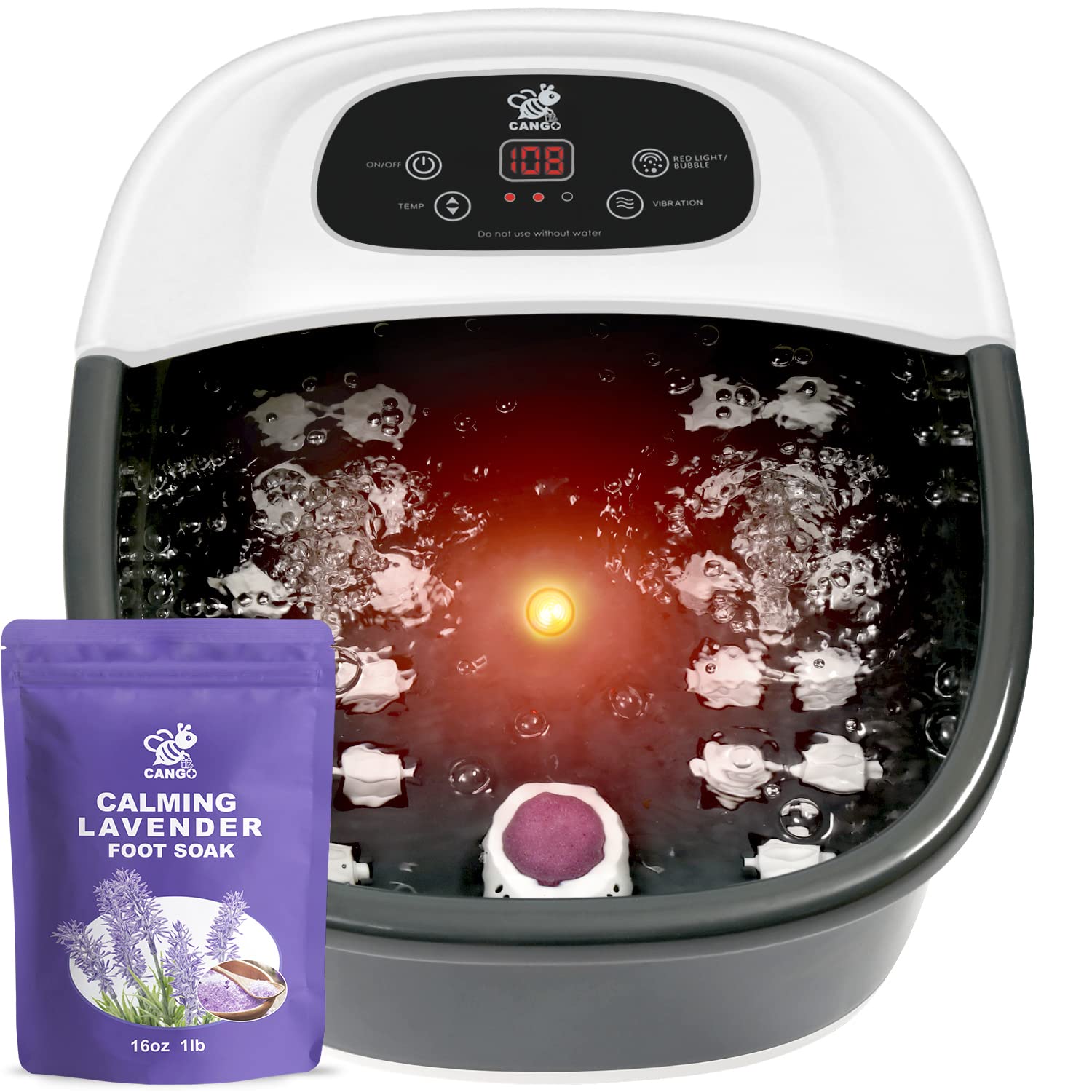 Foot Spa Bath Massager with Heat Bubbles and Vibration Massage and Jets, 16 OZ Calming Lavender Foot Soak Epsom Salt, CANGO Foot Soaker With Infrared Light, 22 Massage Rollers, Adjustable Temp - Black
