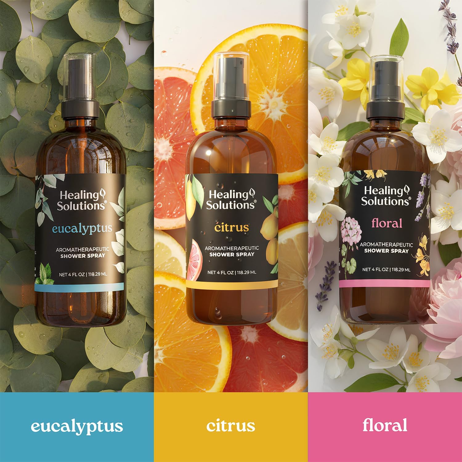 Healing Solutions Aromatherapy Shower Spray, Floral Blend, 4oz, Therapeutic Grade Essential Oils, Made in the USA, At Home Spa Experience (4oz, Floral)