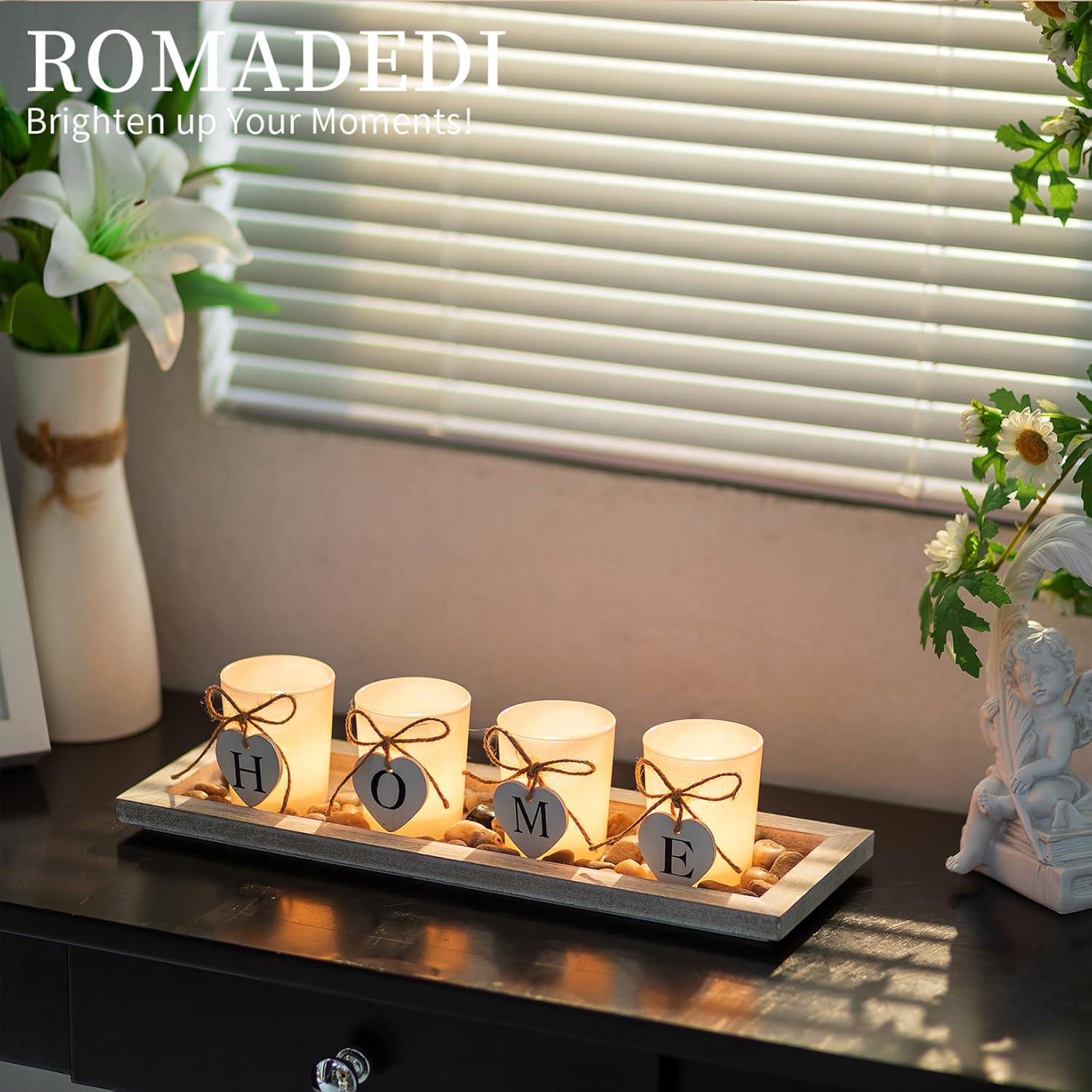Romadedi Wooden Decorative Tray Candle Holder - 13.5 inch Wood Long Narrow Tray Home Decor Small Rustic Farmhouse Centerpieces Trays for Coffee Table Dining Room Living Room, Whitewashed