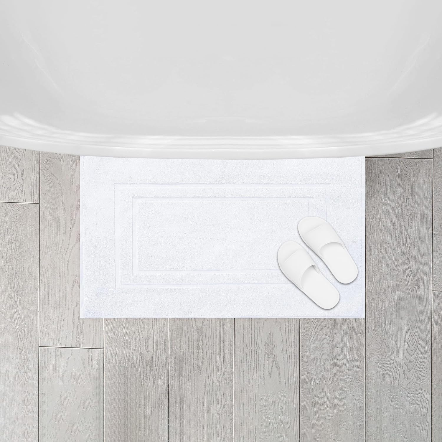 Feather & Stitch 2 Piece Towel Like Bath Mats (30x21 Inch) 100% Cotton Terry Bath Mats, Bathroom Shower Floor Mats [NOT A Bathroom Rug], Soft Absorbent Washable Mats - White
