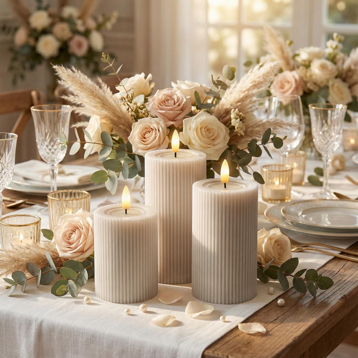 Fluted Ribbed LED Pillar Candles, Cream Beige, with Realistic Reflective Melted-Wax Effect – Flickering Flame, Remote, Dimmable, Flameless, Battery Operated, Home & Wedding Decor (Set of 3)