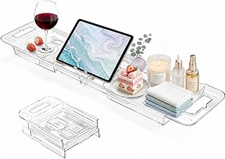 Expandable Bathtub Tray Caddy, Clear Bath Tray for Tub for Bath Relaxing, Foldable Bath Table Trays, Bathtub & Bathroom Accessories for Women Gift, Anniversary or Wedding Gifts, New Home