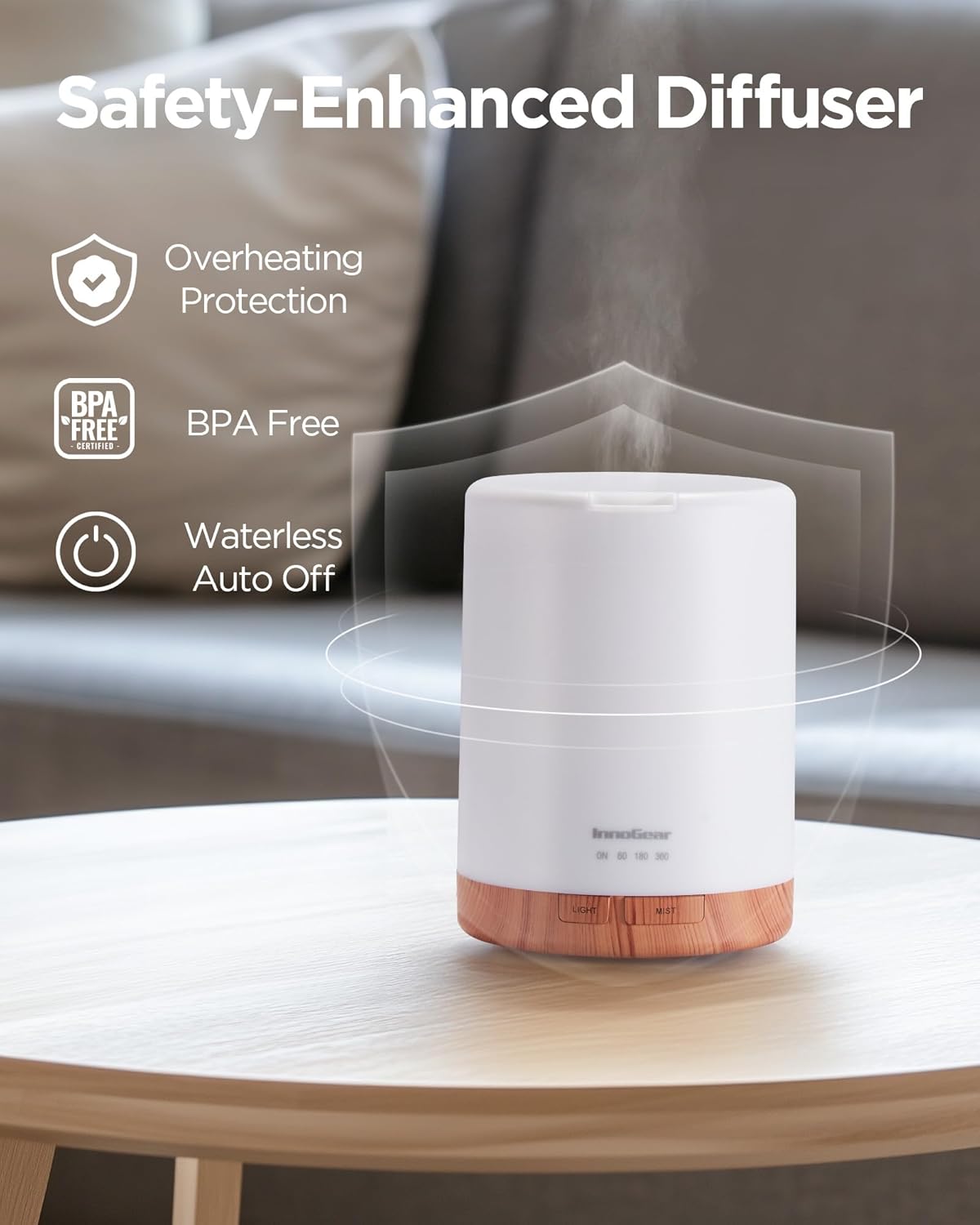 InnoGear Aromatherapy Diffuser & 8 Essential Oils Set, 300ml Premium 5-in-1 Ultrasonic Essential Oil Diffusers Scent Humidifier Aroma Diffuser Vaporizer Auto-Off Timer for Room Office Home, Yellow