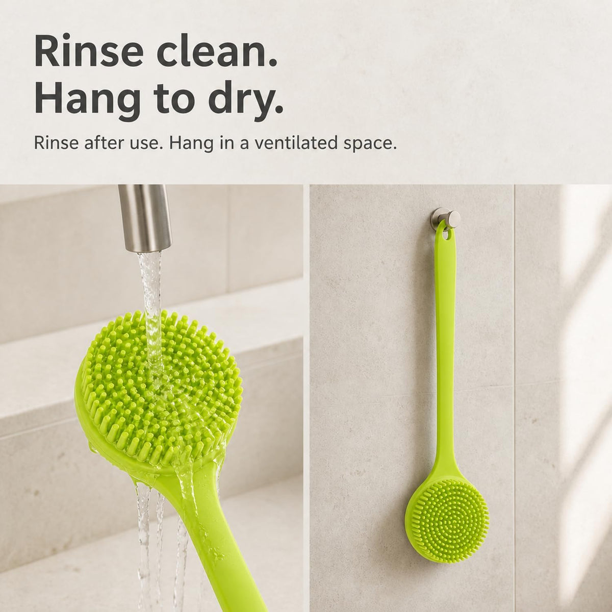Silicone Back Scrubber for Shower, 15-Inch Long Handle Body Brush with Soft Bristles &amp; Massage Nodes, Dual-Sided Shower Scrubber for Back, Quick Dry