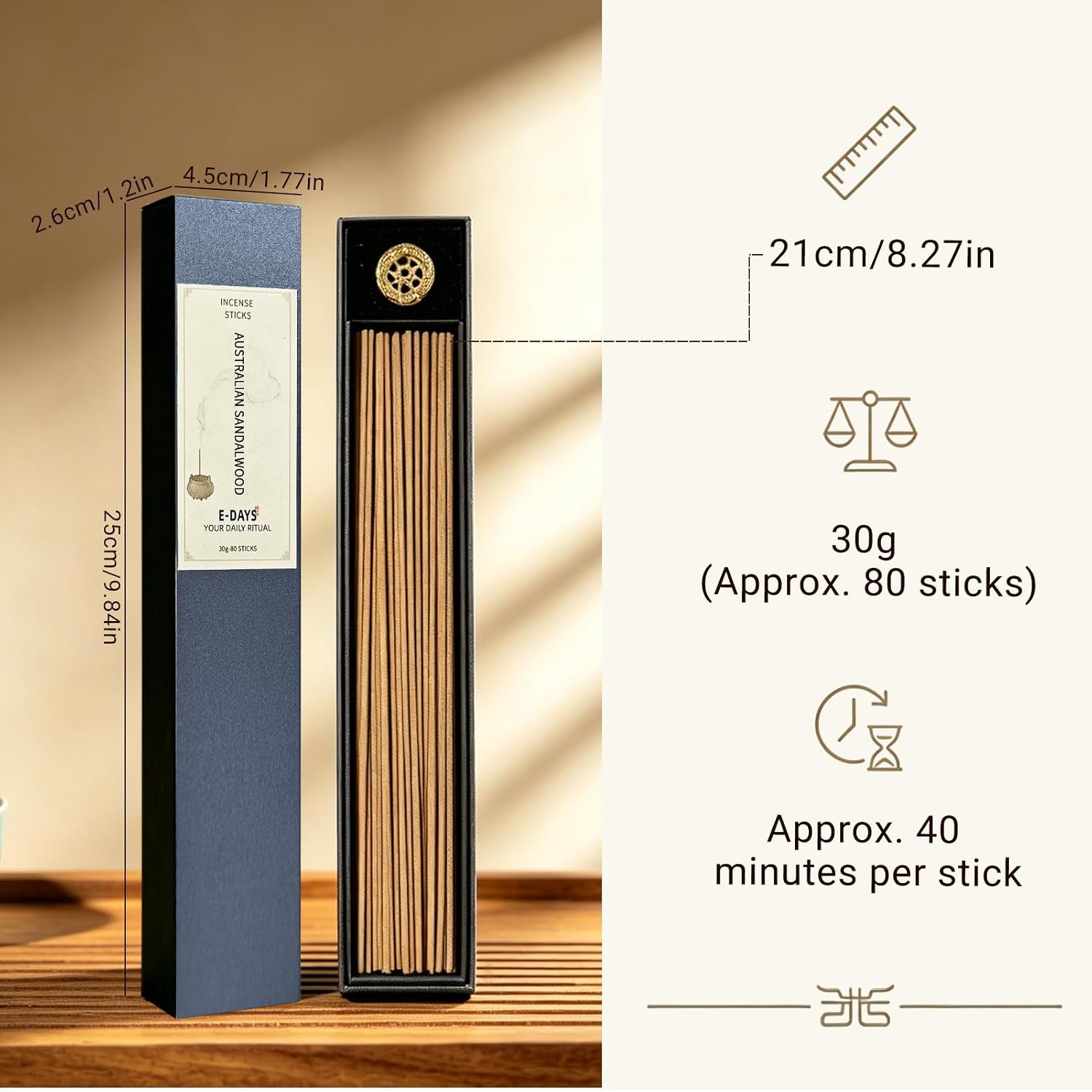 Australian Sandalwood Incense Sticks - Natural Sandalwood Incense Sticks for Meditation & Relaxation - 30g (Approx. 80 Sticks, 40 Min Burn Time) for Meditation, Yoga, Home Fragrance
