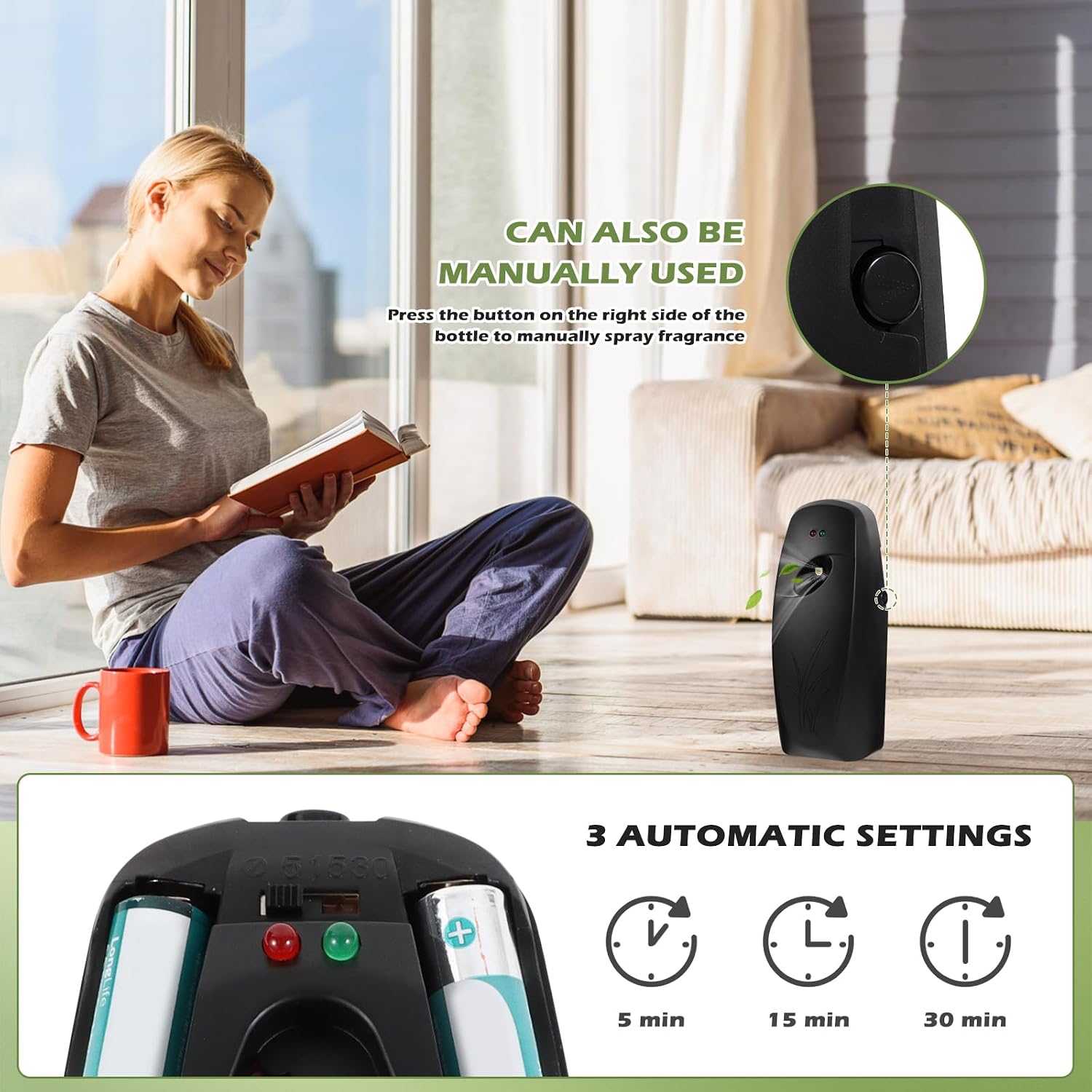 2PCS Automatic Air Freshener Spray Dispenser - Commercial and Home Use - Multiple Time Scent/Mist Release Settings for Room/Restroom Sprayer,Air Freshener not Included,Black