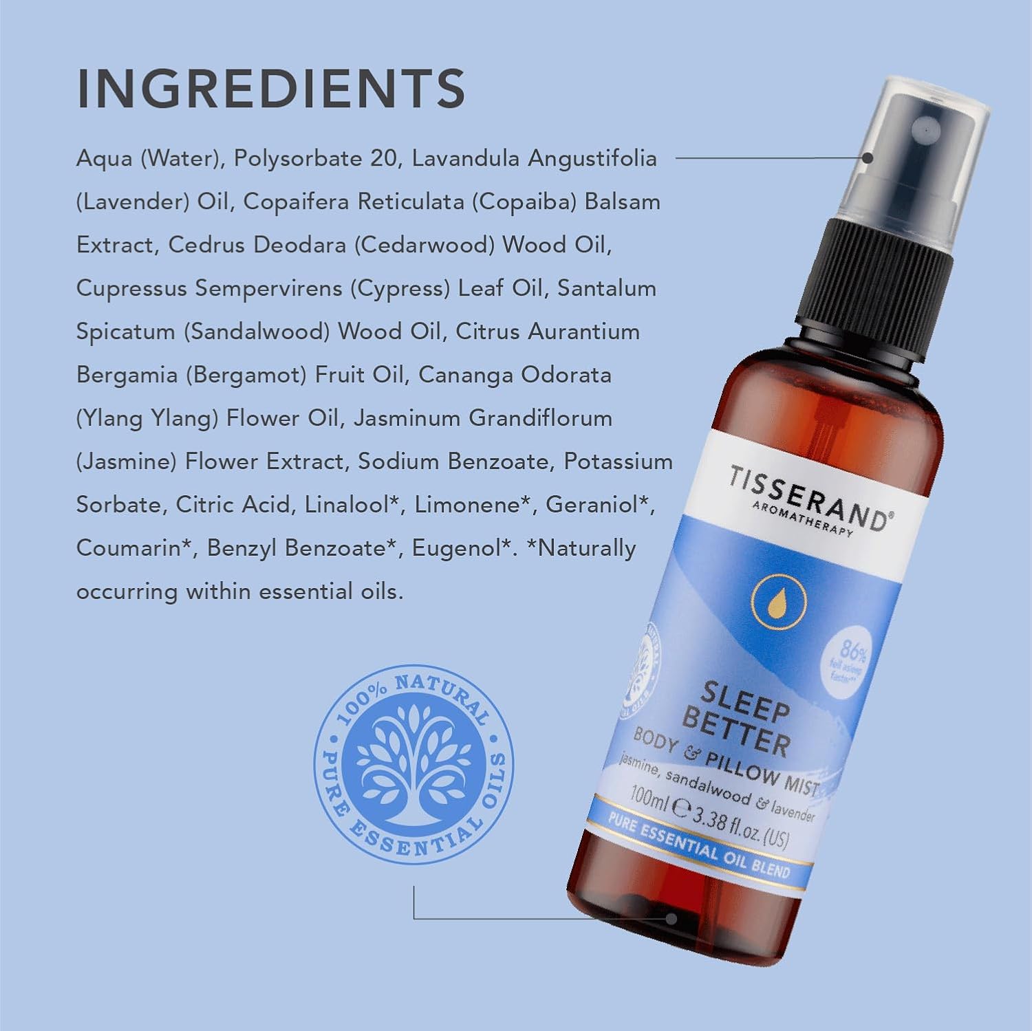 Tisserand Aromatherapy | Sleep Pillow Mist for Body & Room Contains a Soothing Blend of Pure Essential Oils Including, Jasmine, Sandalwood & Lavender | 100% Pure Essential Oil Blend | 3.38 fl. oz.