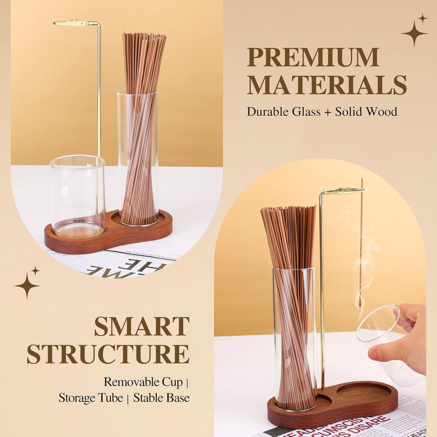 2 in 1 Incense Holder for Sticks with Glass Ash Catcher, Upside Down Anti-Ash Incense Stick Burner for Outdoor Patio, Modern Vertical Incense Holder for Home Decor, Spa, Meditation and Reddish Brown