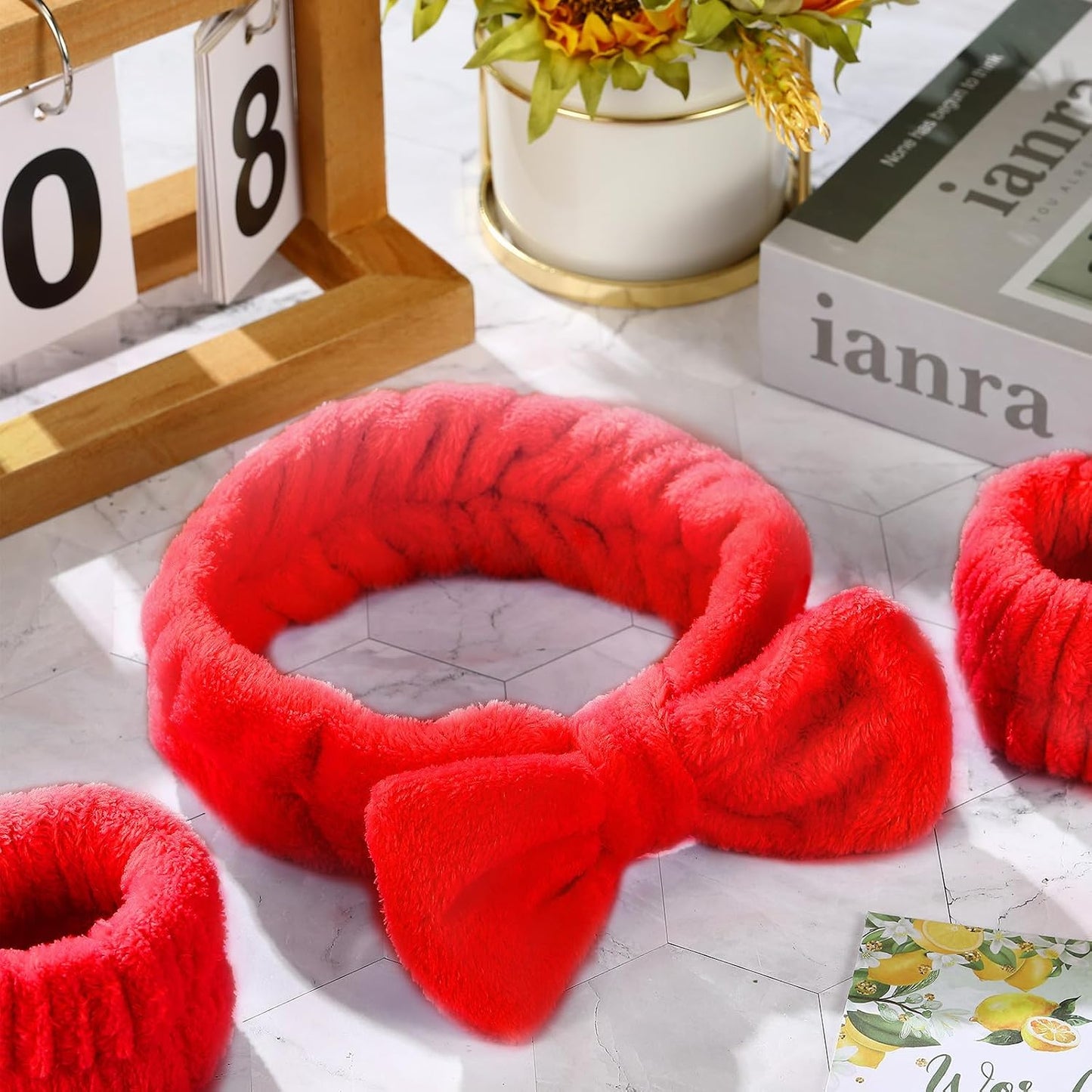 Hanaive 3 Pcs Face Wash Headband and Wristband Set Bow Spa Headbands Face Wash Arm Cuffs for Women Makeup Skincare Bath Headbands Wrist Bands for Washing Sleepover Party Supplies(Red)