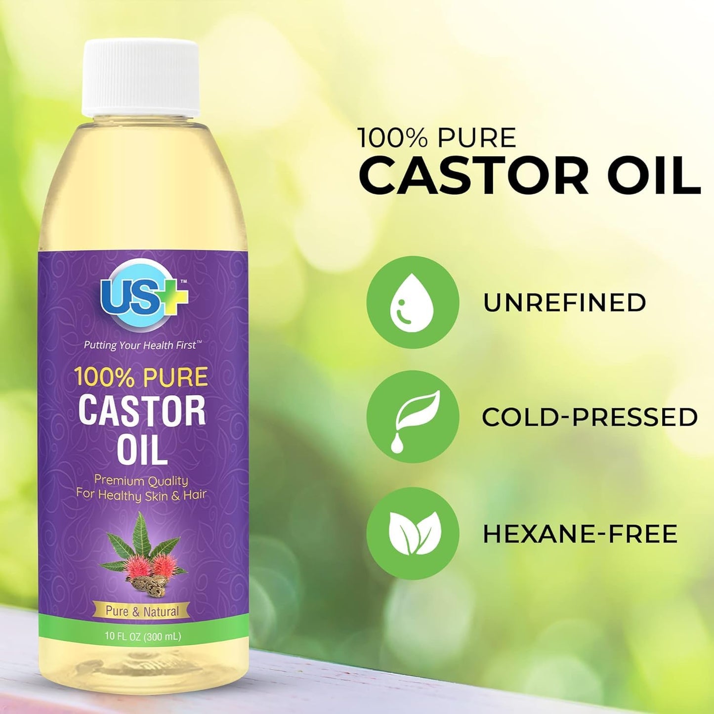 US+ 10oz 100% Pure Castor Oil - Cold-pressed, Unrefined, Hexane-free - USP Grade - Premium Quality for Healthy Skin & Hair