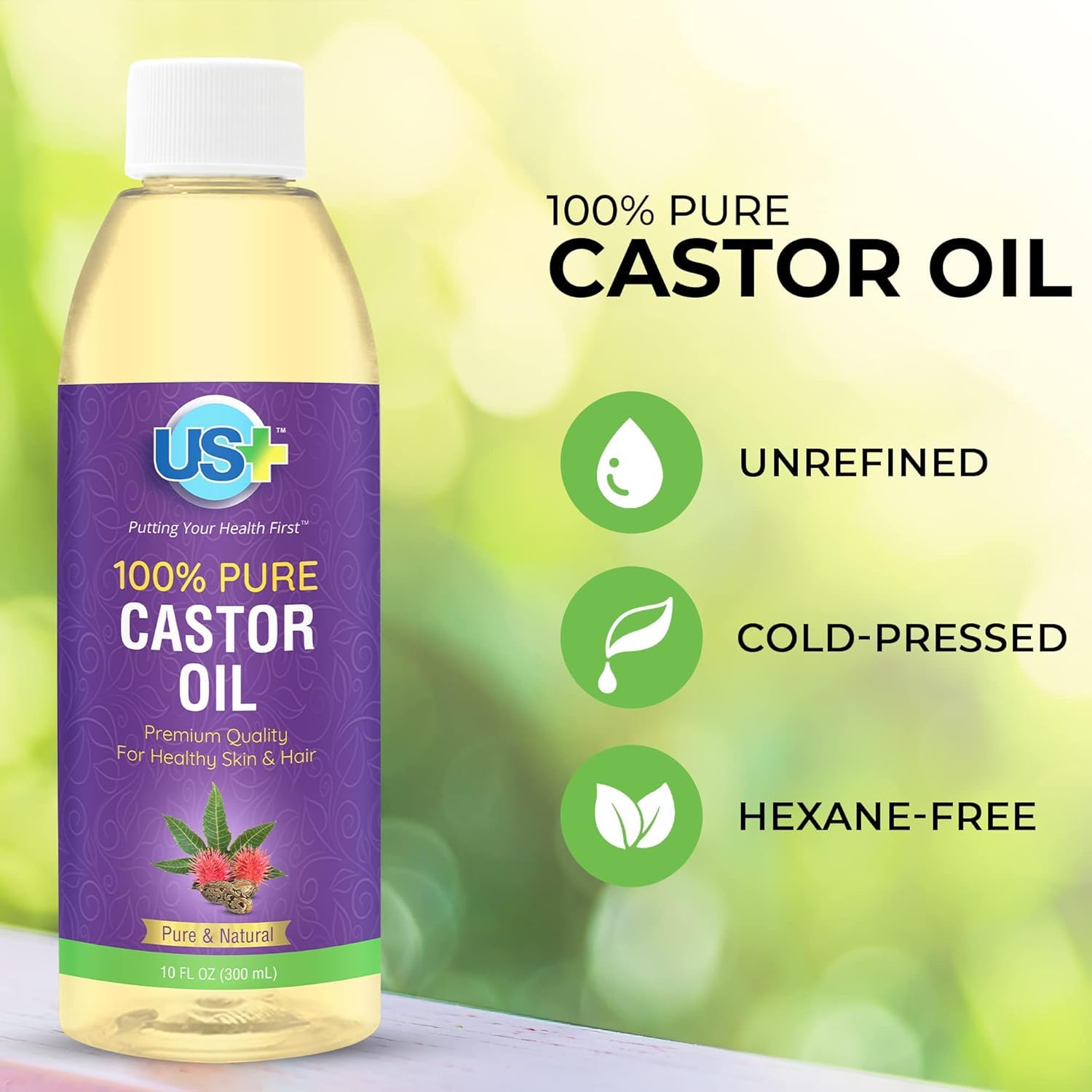 US+ 10oz 100% Pure Castor Oil - Cold-pressed, Unrefined, Hexane-free - USP Grade - Premium Quality for Healthy Skin & Hair