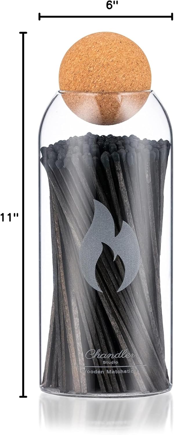 Fireplace - Candle Matches | Apothecary Decorative Glass Bottle - Approx. 200 Long Matchsticks in Jar (All Black)