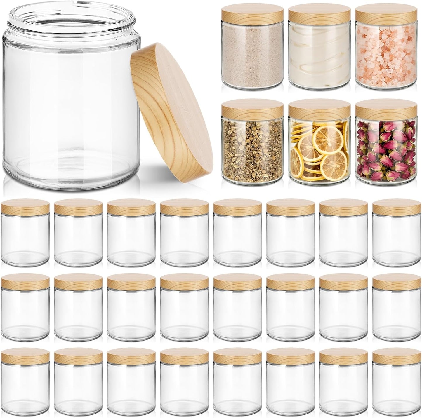 24Pcs 8 oz Clear Glass Candle Jars with Plastic Woodgrain Lids, Bumobum Body Butter Containers for Lotion, Creams, Body Scrubs, Ointments (240ml)