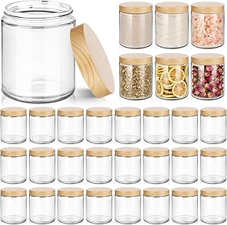 24Pcs 8 oz Clear Glass Candle Jars with Plastic Woodgrain Lids, Bumobum Body Butter Containers for Lotion, Creams, Body Scrubs, Ointments (240ml)