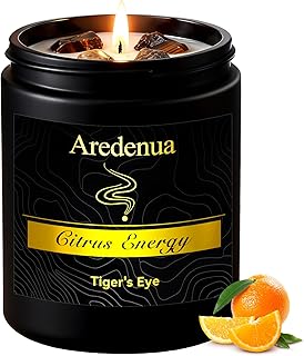 Crystal Candle with Tiger Eye Healing Crystals, Citrus Aromatherapy Candle for Confidence, Natural Soy Wax Scented Candle with Real Gemstone, 7oz Long Burning, Motivational Chakra Gift