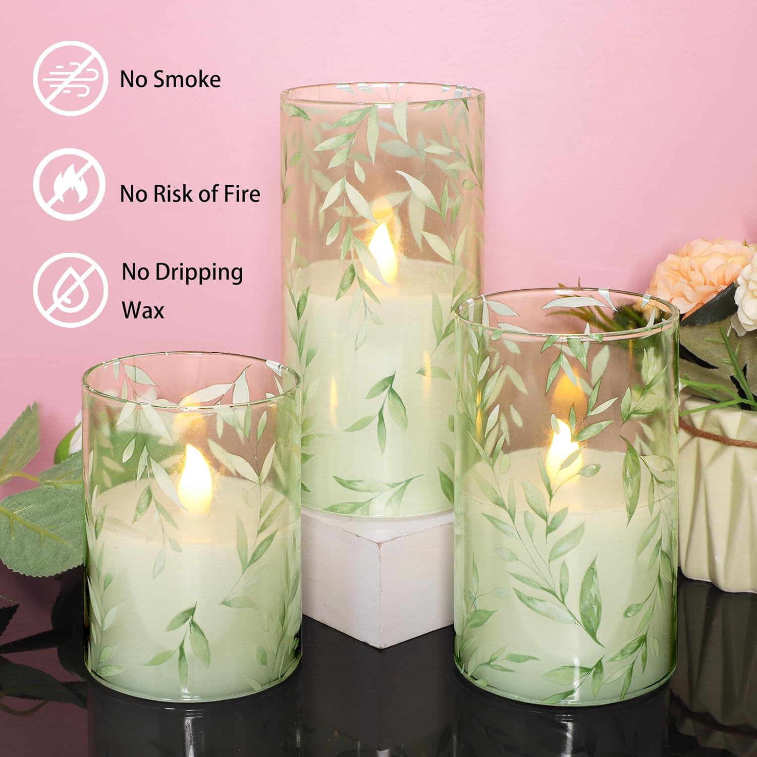 Crystal Club Glass Flameless Candles with Remote Timer, Battery Operated Flickering LED Pillar Candles, Green Willow Leaves Design for Wedding Holiday Home Decor