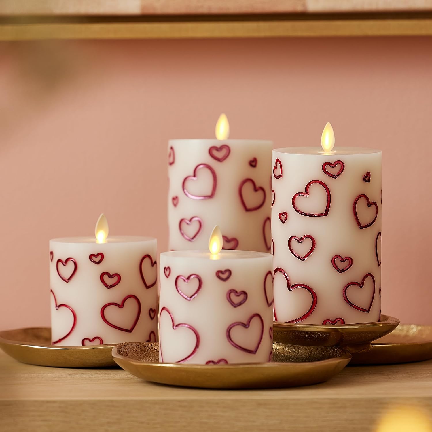 Luminara Debossed Hearts Pillar Candle Metallic Red - Patented Flickering Flameless Technology - Valentine's Day Collection - Remote Ready - 4.5"