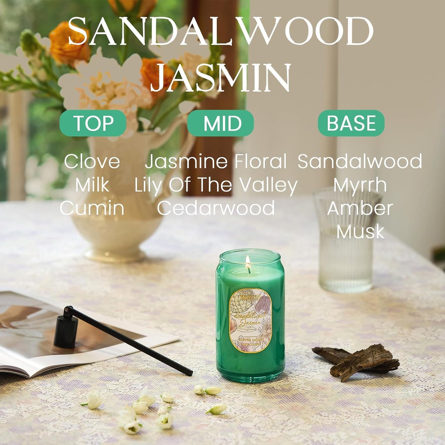 M&SENSE Sandalwood Jasmine Candles for Home Scented, 10.6 Oz Soy Wax Candles Non Toxic Jar Candle Up to 60 Hours Long Burning Home Fragrance Gift for Stress Relief, Meditation, Yoga