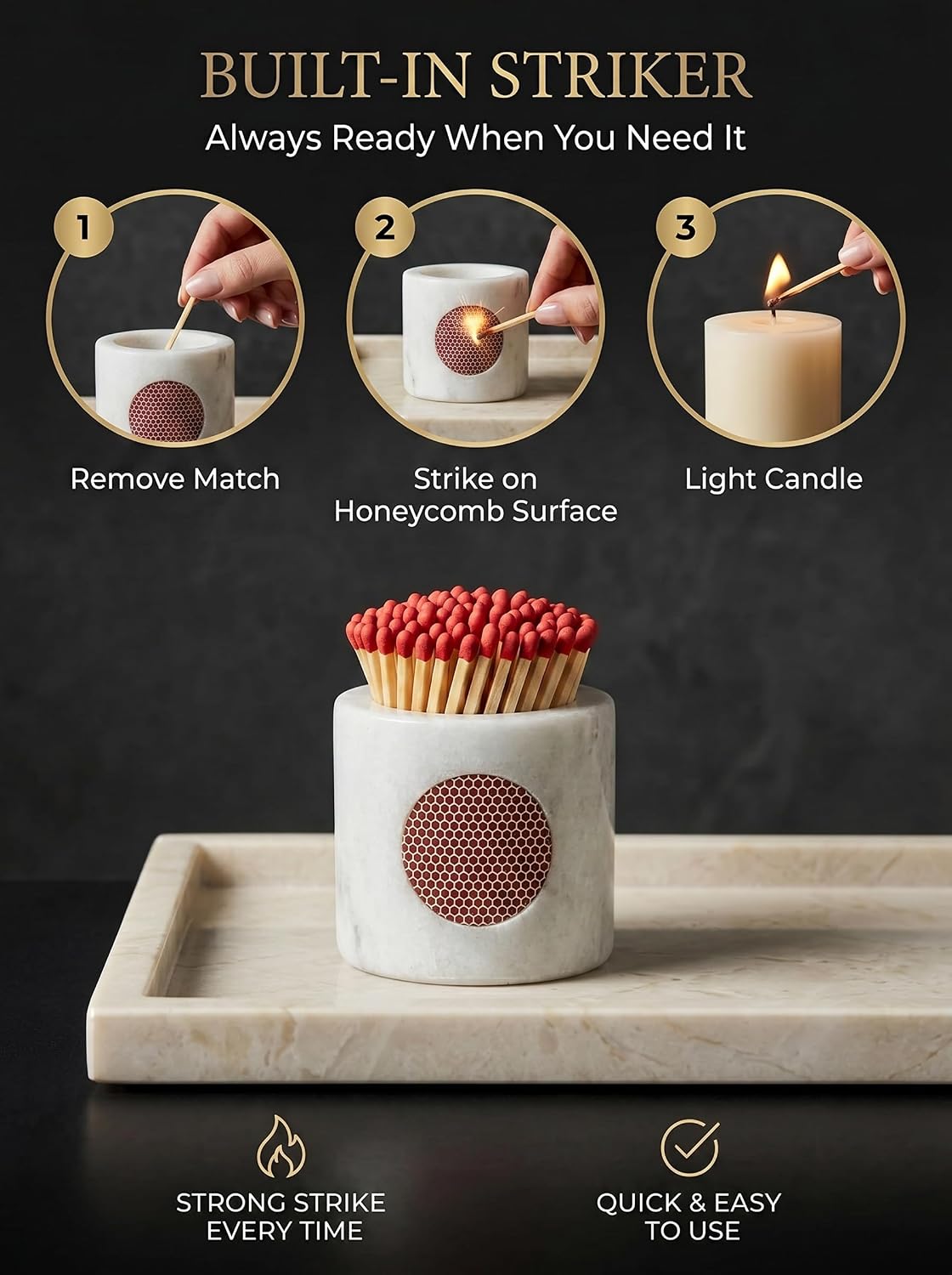 Marble Match Holder with Striker, Set of 2 – White Matchstick Holder with Side Striker, Decorative Matches Jar for Fireplace, Candle, Bathroom Decor, Housewarming Gift (Matches Not Included)