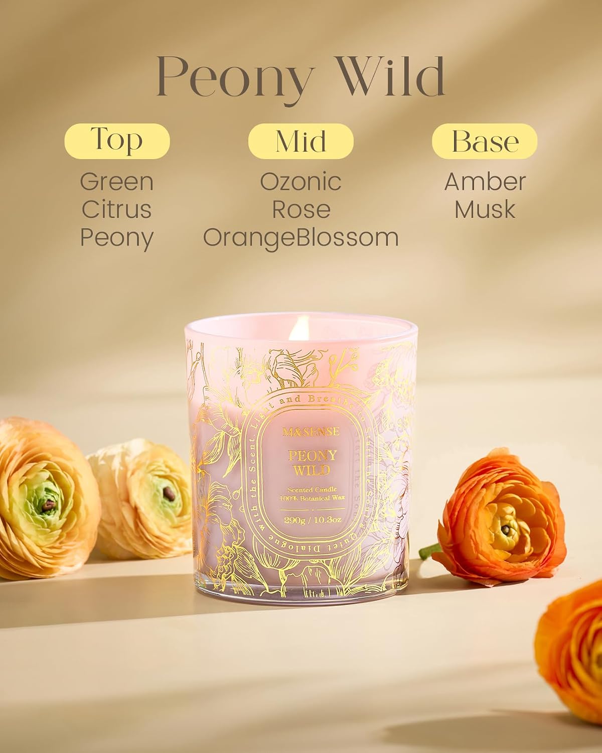 M&SENSE Wild Peony Soy Scented Candle, 10.3oz Golden Stamped | 55H Burn Time, Clean Non-Toxic, Summer Floral Romantic, Housewarming Gift