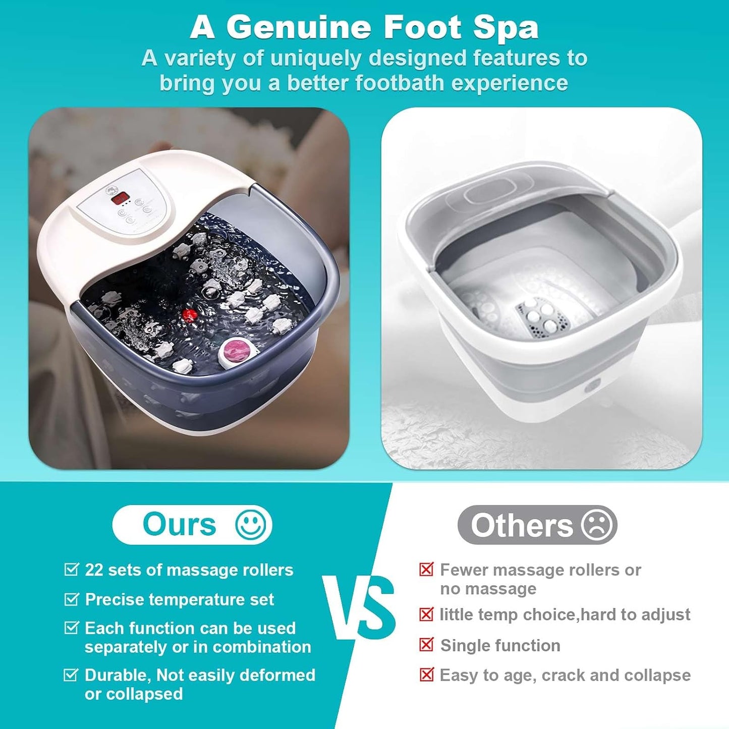 ECARBME Foot Spa Bath Massager with Heat, Foot Soaking Tub with 22 Massage Rollers, Temperature Control, Jets, Bubbles, Epsom Salt and Vibration, Foot Bath soak tub for Relaxation - Grey