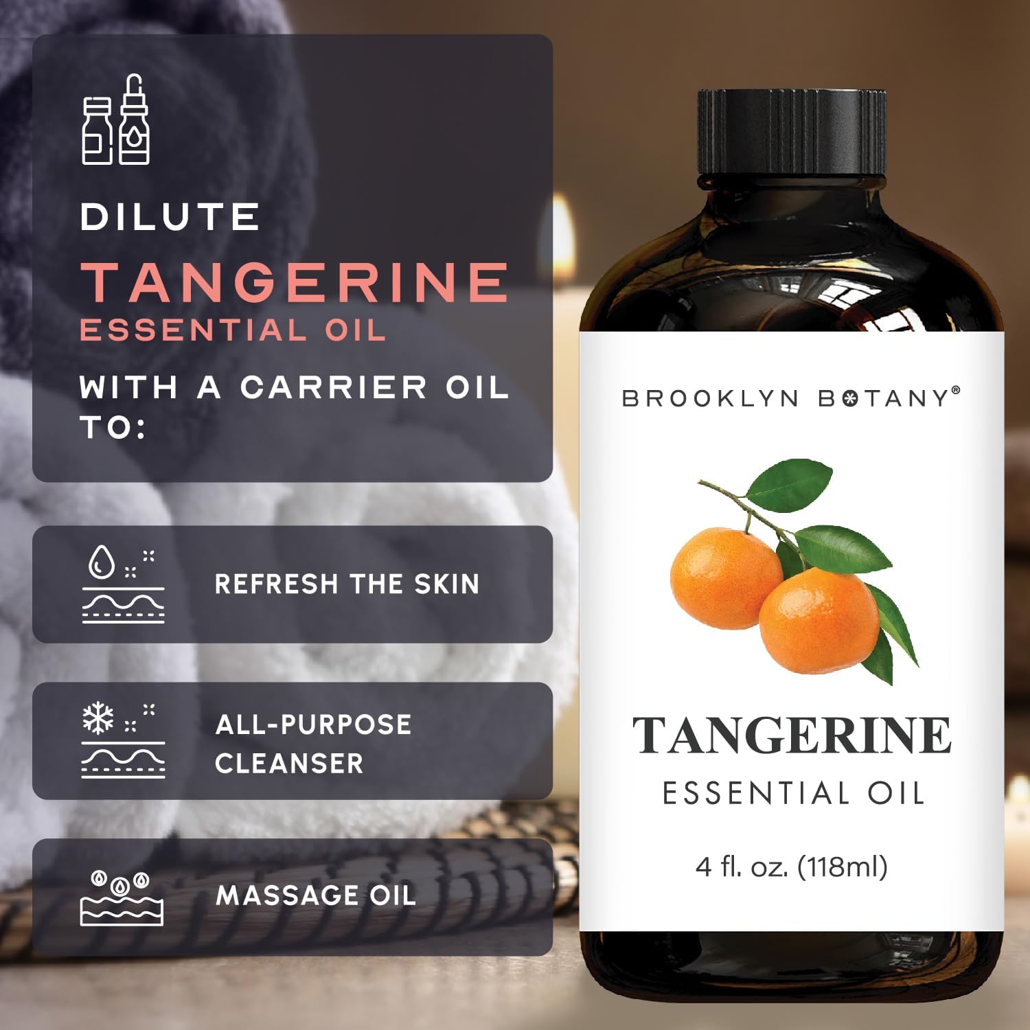 Brooklyn Botany Tangerine Essential Oil - Huge 4 Fl Oz - 100% Pure and Natural - Premium Grade with Dropper - for Aromatherapy and Diffuser