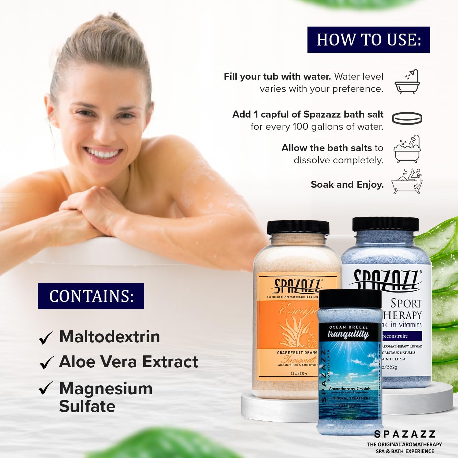 Spazazz Hot Tub Aromatherapy Crystals Bundle – 3 Pack Magnesium Bath Salt | Magnesium Aromatherapy Bath Salts; 22oz Escape Grapefruit Orange, 17oz Ocean Breeze Botanicals, 19oz RX Sport Therapy