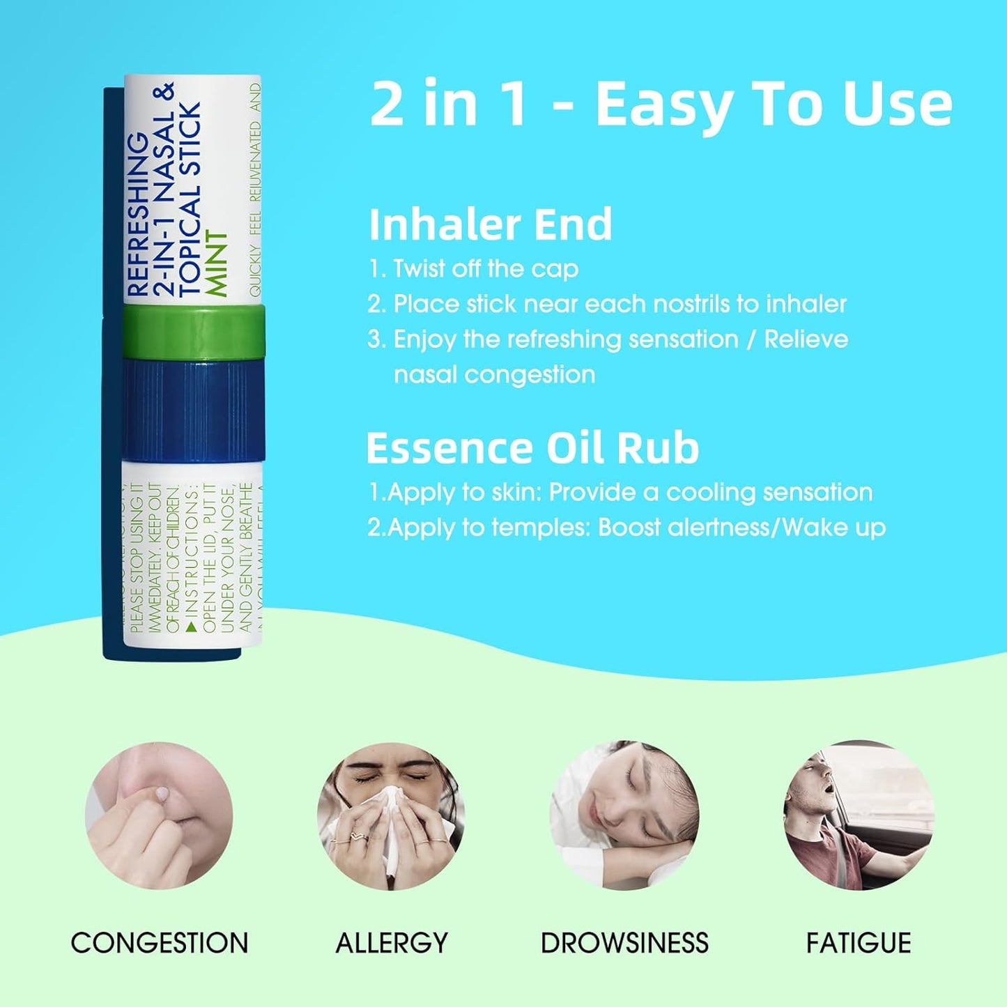 Herb Island 2-in-1 Nasal Stick Inhaler & Essential Oil Topical Rub, Refreshing Nose Inhaler Stick, VapoInhaler Wake Up Stick for Focus & Clear Breathing (3PC Mint)