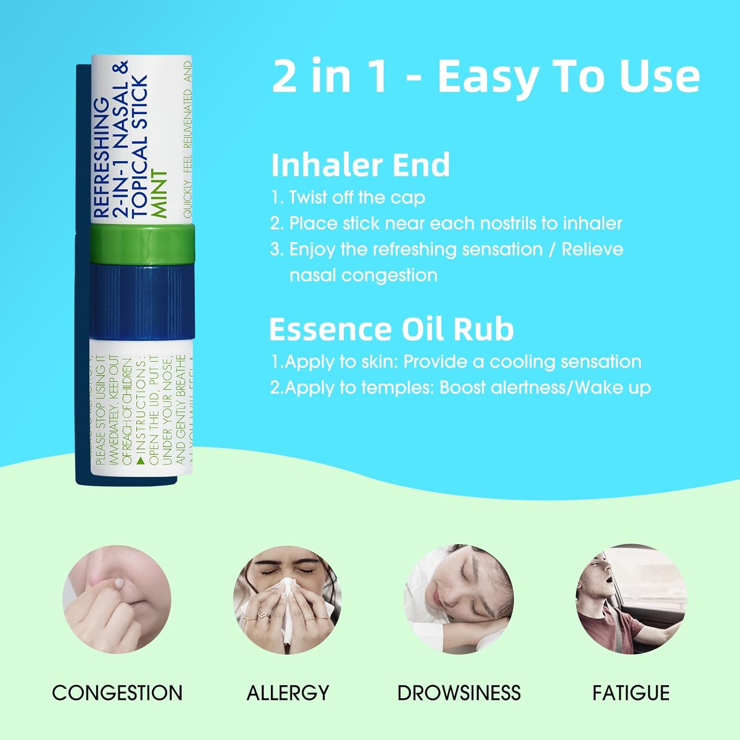 Herb Island 2-in-1 Nasal Stick Inhaler & Essential Oil Topical Rub, Refreshing Nose Inhaler Stick, VapoInhaler Wake Up Stick for Focus & Clear Breathing (3PC Mint)