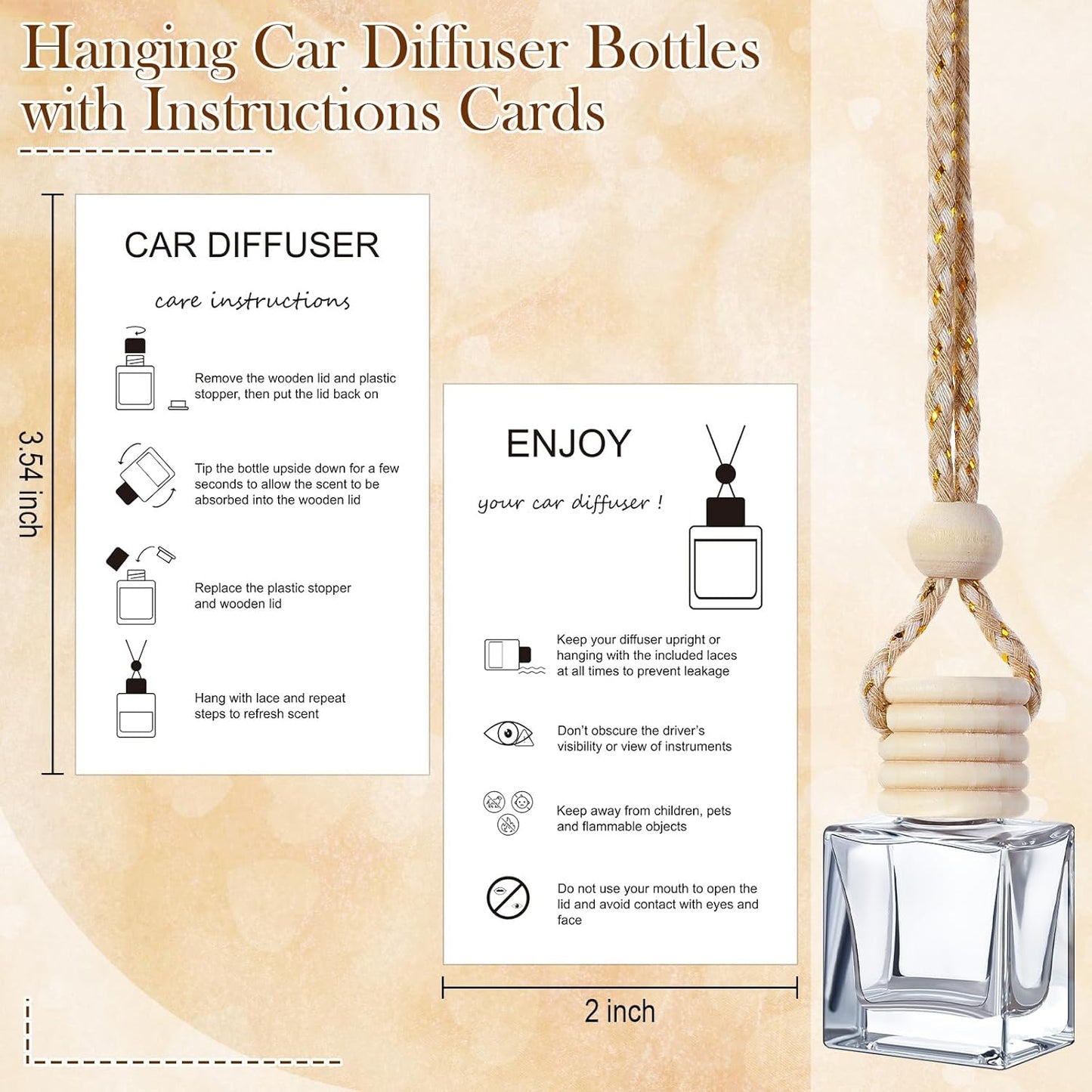 Boao 50 Sets Hanging Car Air Freshener Diffuser Bottles with 2 x 3.54 Inch Car Diffuser Instructions Cards for Empty Essential Oil Bottles(White Card,Flat Square)