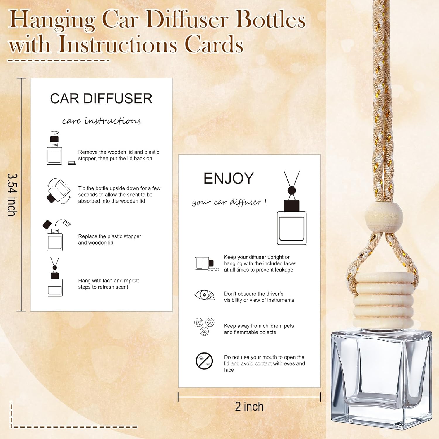 Boao 50 Sets Hanging Car Air Freshener Diffuser Bottles with 2 x 3.54 Inch Car Diffuser Instructions Cards for Empty Essential Oil Bottles(White Card,Flat Square)