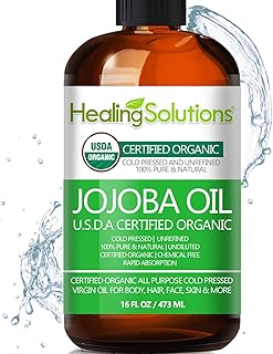Healing Solutions Oils Organic Jojoba Oil 16 oz Pure Cold Pressed 100% Natural Serum for Hair, Skin, Face, Body, Scalp, Cuticle & Nail, Unrefined Moisturizing & Acne Fighter Treatment 473 ml