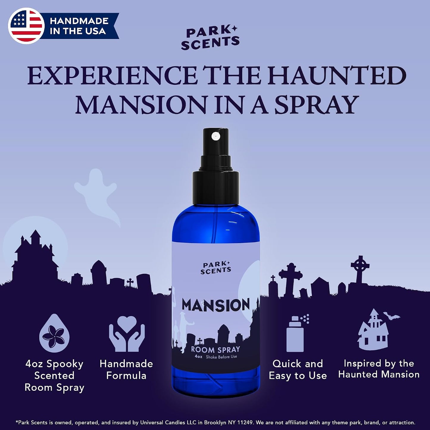 Park Scents Mansion Fragrance Room Spray – Theme Park Scented Air Freshener Spray with Peony, Violet, Plum, Leather, Patchouli, Aged Wood, Amber, Musk, Vanilla – Friend Birthday Gifts for Women (4oz)