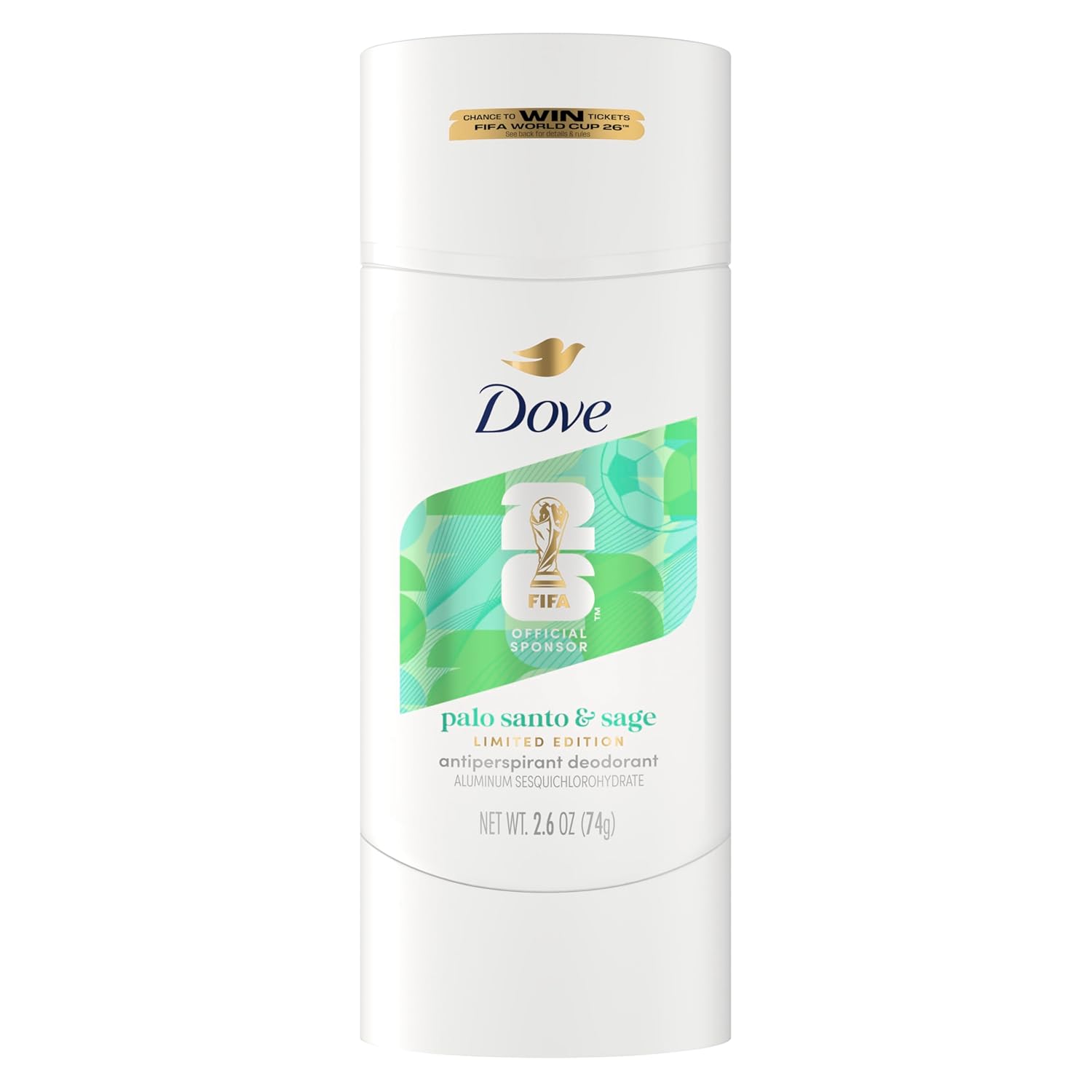 Dove Palo Santo & Sage Antiperspirant Stick – 72H Sweat & Odor Protection, Pro‑Ceramide Technology, Alcohol‑Free, FIFA Limited Edition Design, 2.6 oz