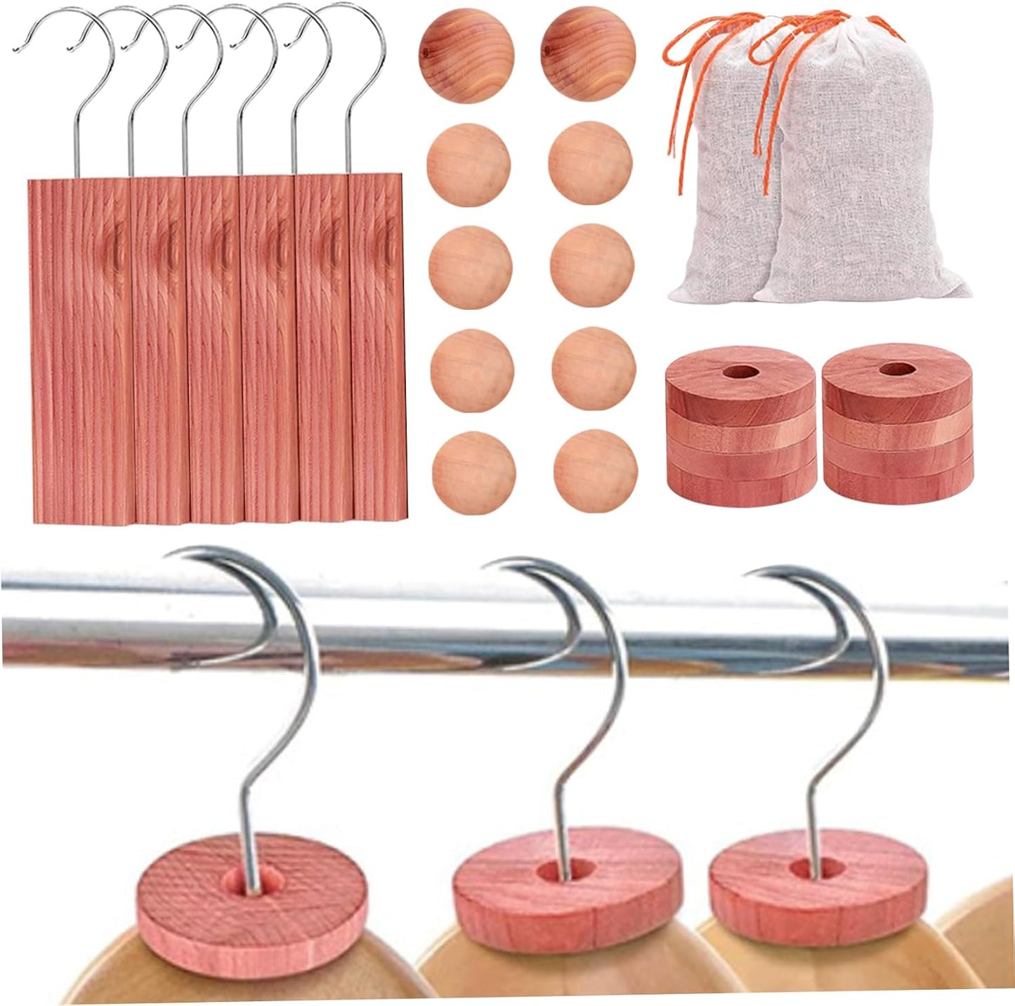 26Pcs Cedar Blocks for Clothes Storage, Aromatic Cedar Hangers, Rings and Balls, Scented Sachets, Closet Freshener for Closets, Drawers and Bookshelves