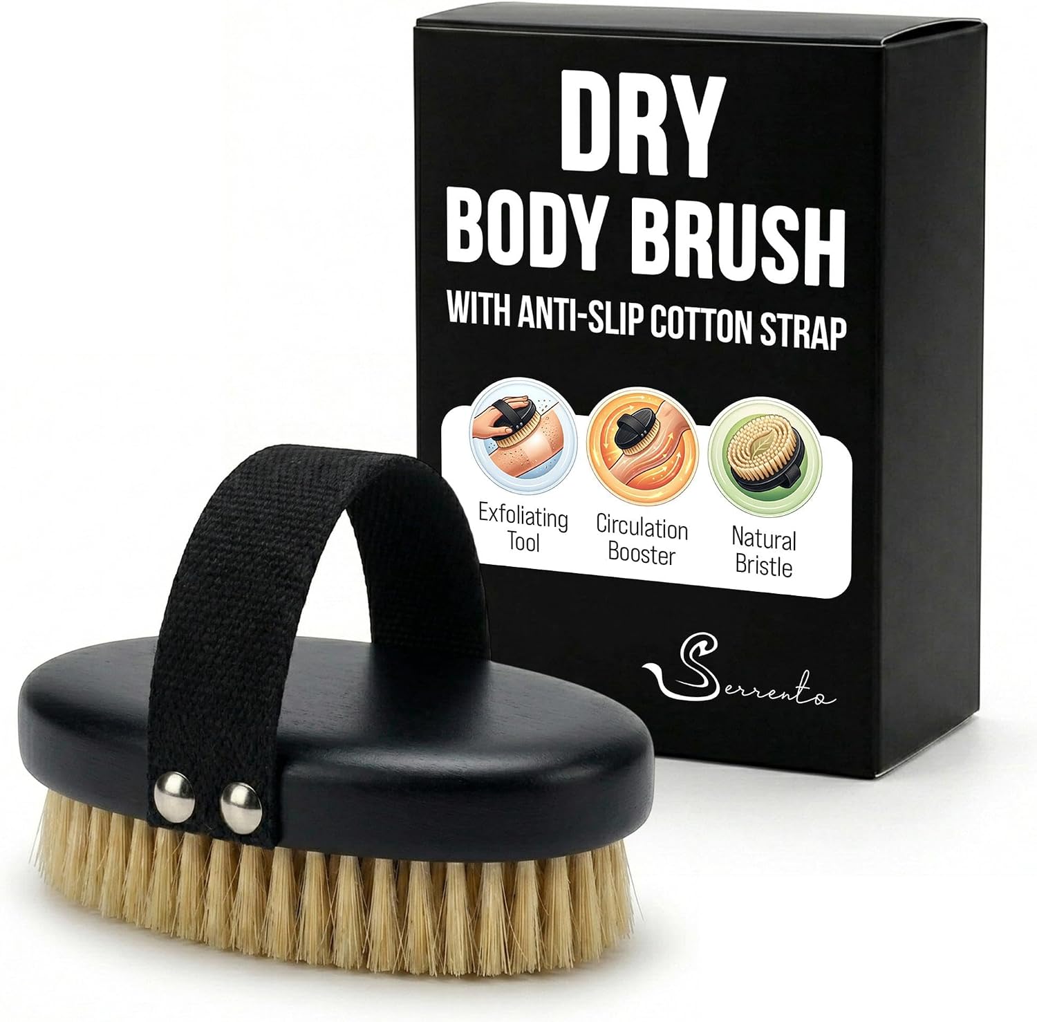 SERRENTO Dry Body Brush for Lymphatic Drainage Dry Brush Black 2 in x 5 in