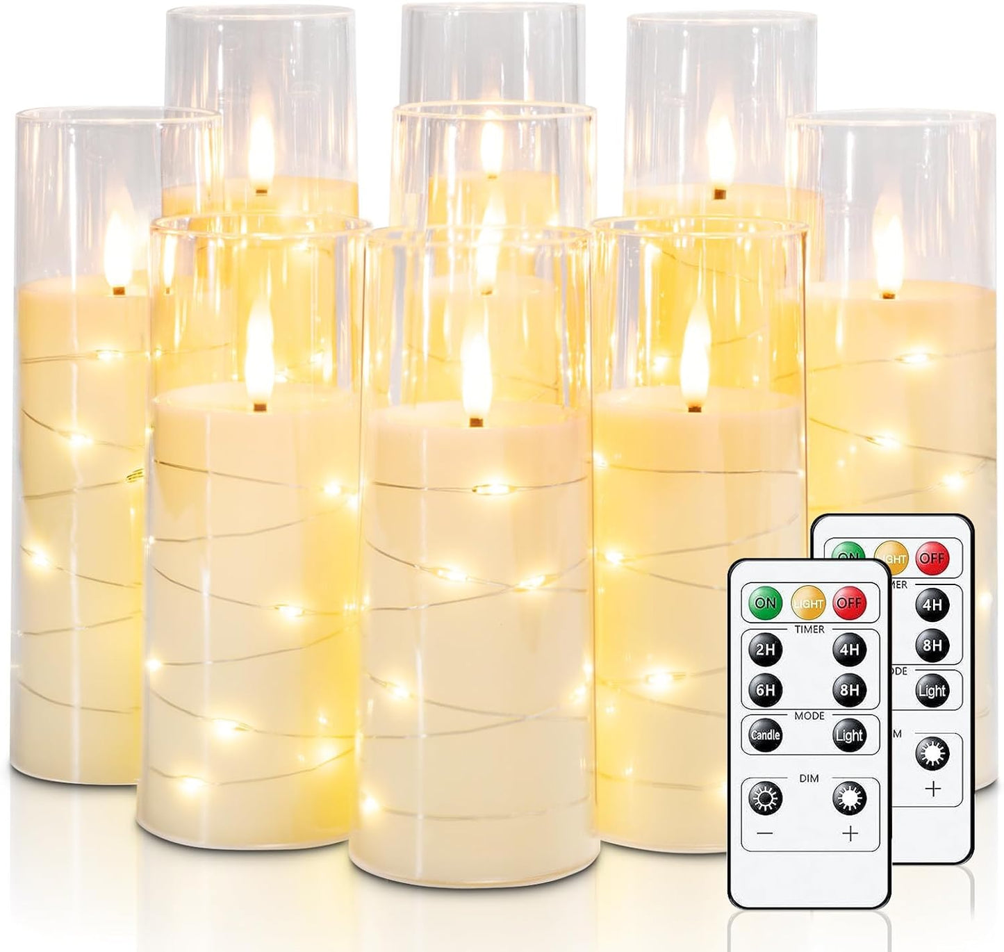 Raycare Flameless Candle with Remote Timer – 9 Flickering Acrylic Battery Operated LED Pillar Candles with Embedded Star String for Christmas, Wedding, Home Decor, and as a Gift (Ivory White)