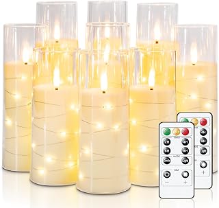 Raycare Flameless Candle with Remote Timer – 9 Flickering Acrylic Battery Operated LED Pillar Candles with Embedded Star String for Christmas, Wedding, Home Decor, and as a Gift (Ivory White)