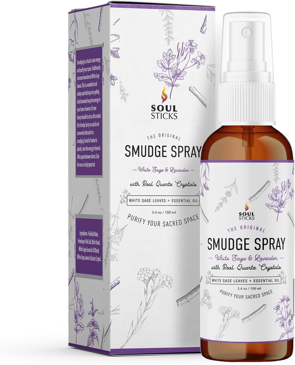 SOUL STICKS White Sage &amp; Lavender Smudge Spray – 3.5oz Smokeless Mist with Quartz Crystals – Calming Essential Oil Spray for Sleep, Stress Relief, Meditation, and Energy Cleansing
