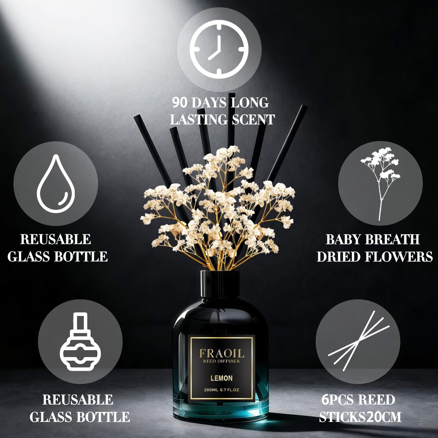 Lemon Reed Diffuser, Reed Diffuser Set 6.7 fl oz (200 ml) with 6 Reed Sticks, Home Fragrance Reed Diffuser for Bathroom Shelf House Bedroom Office Decor