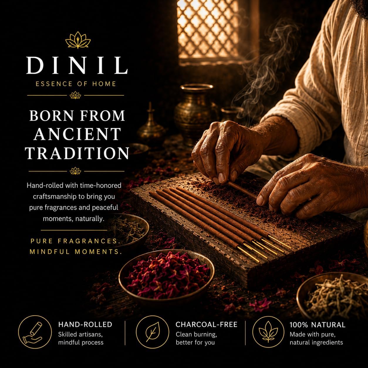 Dinil Rose Incense Sticks -100 Sticks | Hand-Rolled, Charcoal-Free | Low Smoke, Long-Lasting Clean Burn | Rose Scented | Ideal for Meditation, Yoga, Relaxation & Aromatherapy