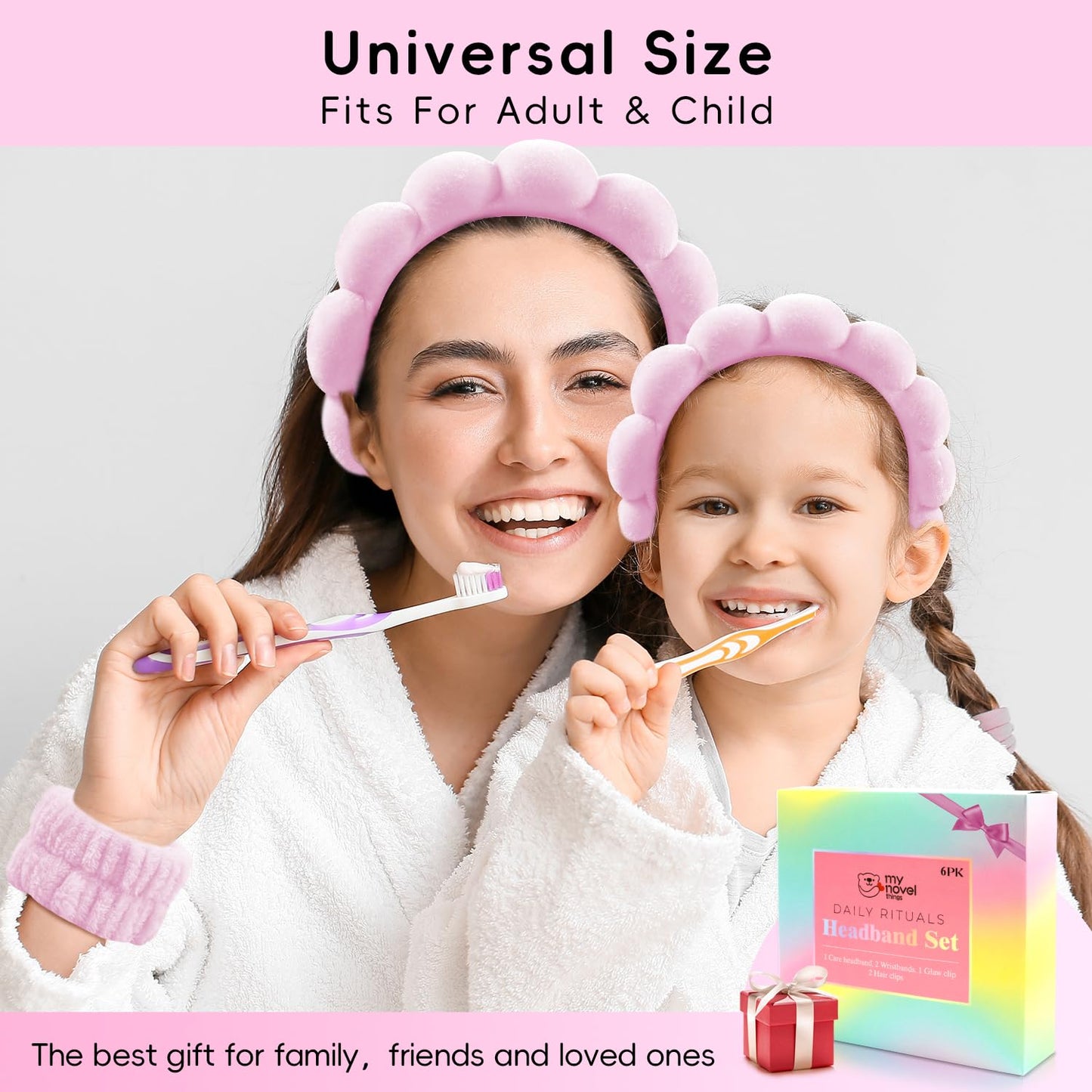 my novel things Spa Headband for Washing Face, Cute Skincare Headband and Wristband With Hair Clips Gift Set for Women Girl, Soft-Puffy Velvet Makeup Headbands (Pink)