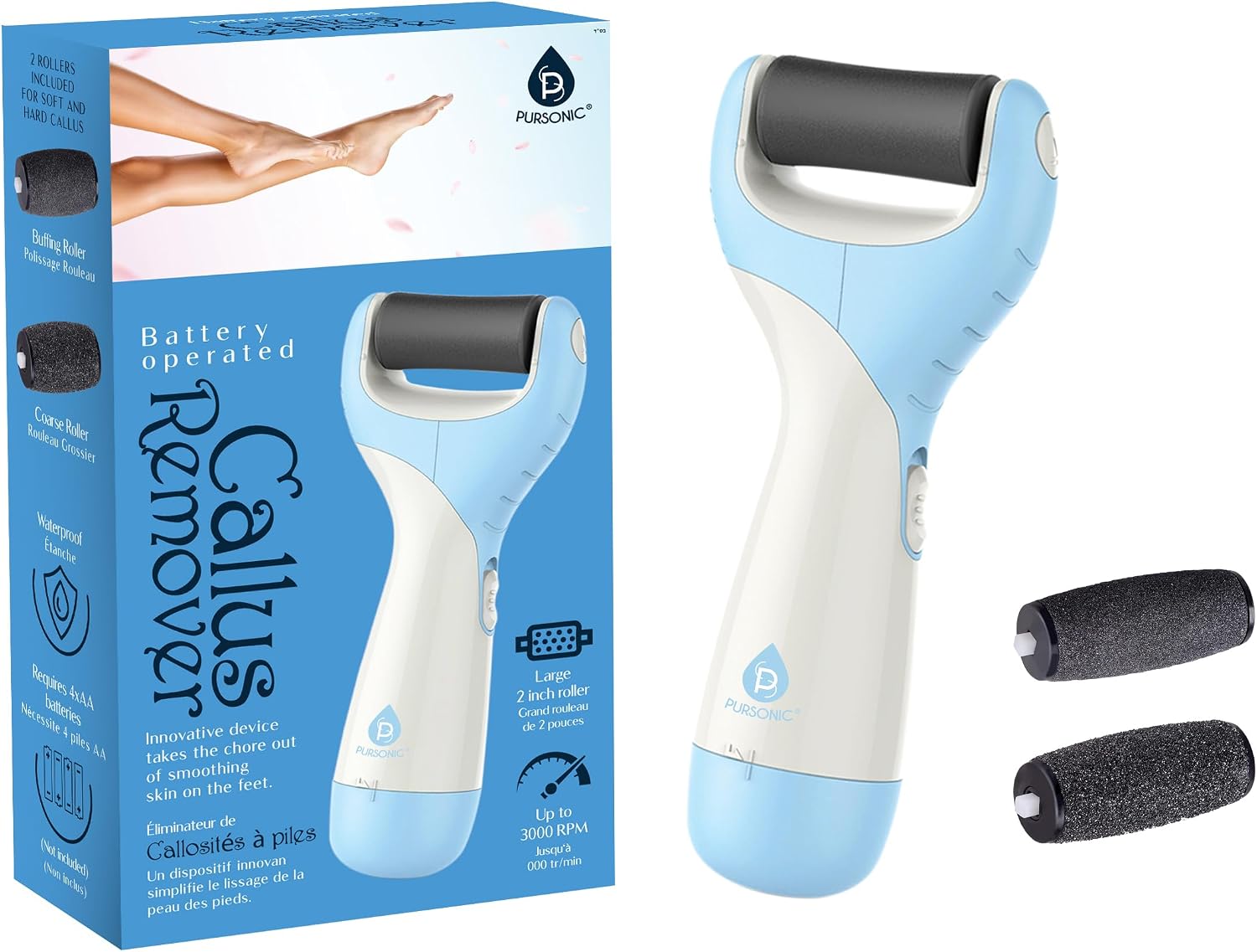 Pursonic Blue Electric Callus Remover for Feet — Battery-Operated Electric Foot Scrubber — Dead Skin Remover with 2 Pumice Stone Electric Heads — Pedicure Foot Spa Products (0.7 Lb)
