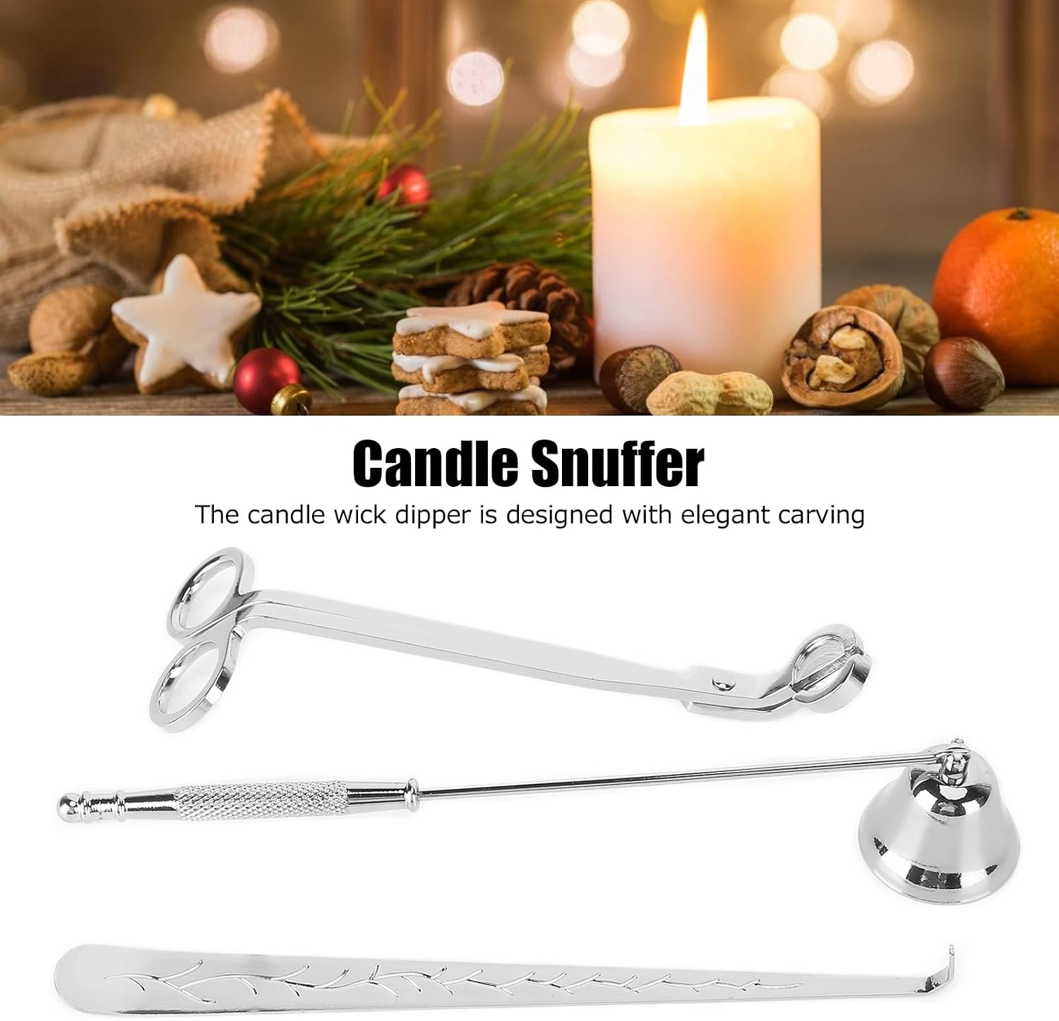 HERCHR Candle Accessory Set, 3 in 1 Stainless Steel Wick Trimmer Cutter Scissor Dipper Snuffer Tools for Candle Lovers Gift (Silver)